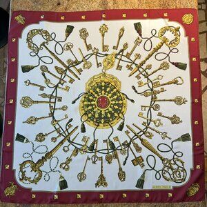 Vintage Hermes "Les Clefs" Silk Scarf Bordeaux Border and Golden Keys